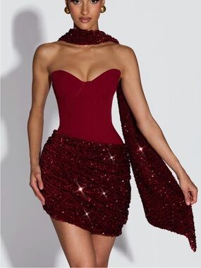 Strapless Denise Sequin Mini Dress in Wine Red